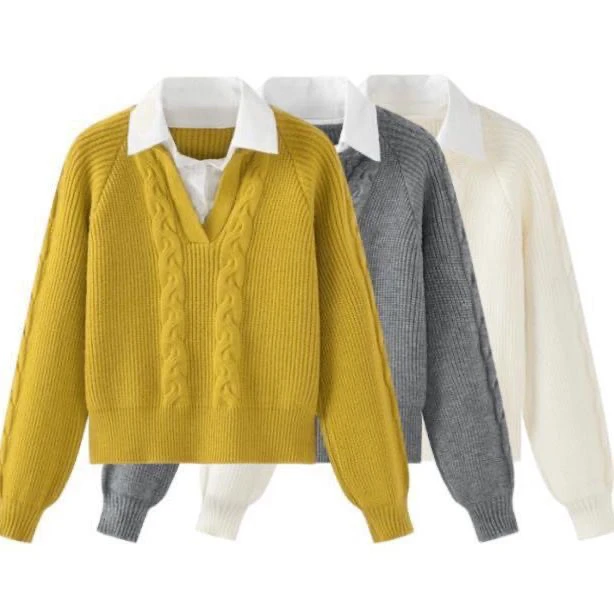 

Autumn Winter Women's Knitted Sweater Collar Twist Design Fake Two-Piece Loose Fit Long Sve ort Length Top