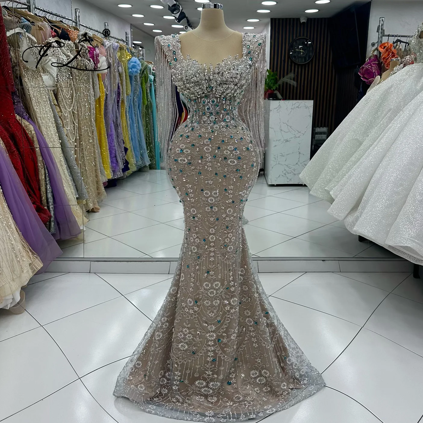 

Mermaid Square Neck Beaded Embroidery Rhinestone Long Celebrity Dress with Tassel Sleeves for Evening Dresses Customize