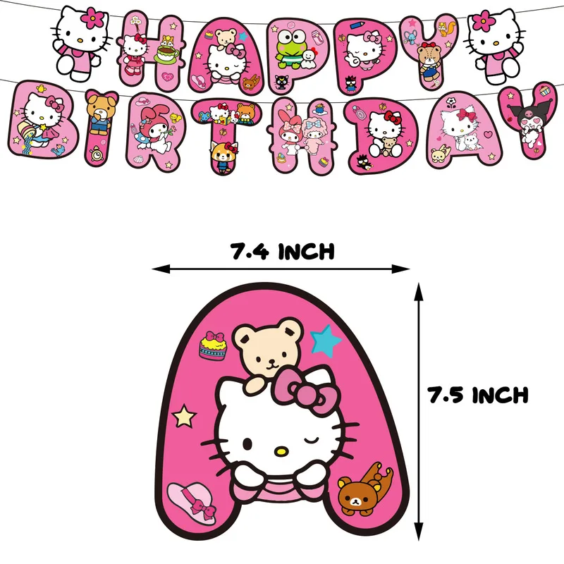 Decorazioni per feste a tema Sanrio Kuromi Hello Kitty Cinnamoroll Bandiera decorata Carta per torta Carta di invito con ciondolo a spirale con palloncino