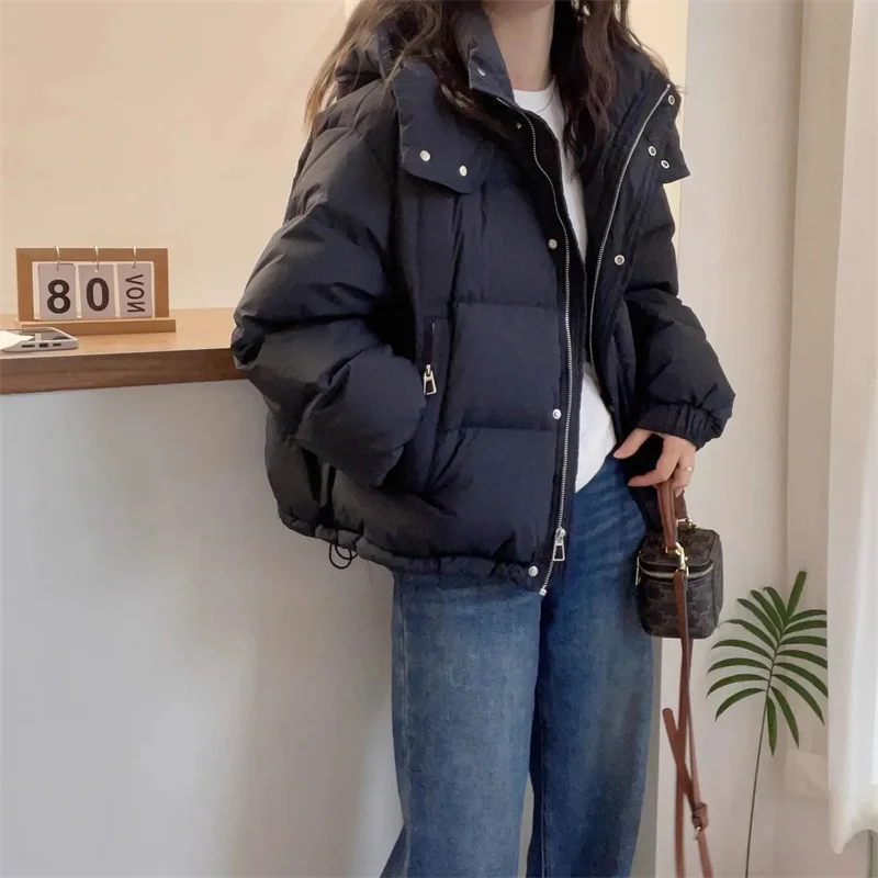 2024 New Korean Style Cotton Padded Coat Women\'s Cropped Hooded Puffer Jacket Petite Thickened Warm Autumn Winter Jacket Trendy