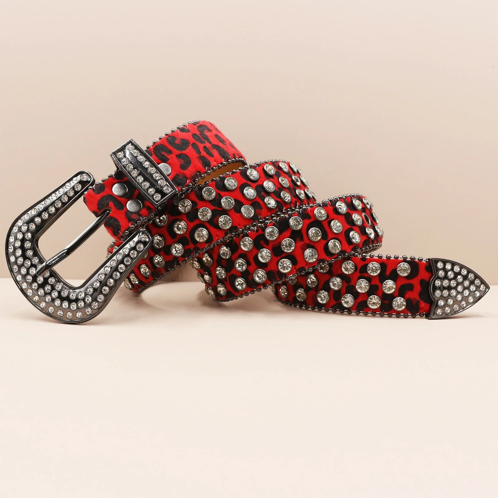 أحزمة فاسق الغربية مرصعة بأحجار الراين حزام بنج مرصع بالجلد Cinturones Para Mujer Y2K كاوبوي فريد بطباعة الفهد للرجال والنساء