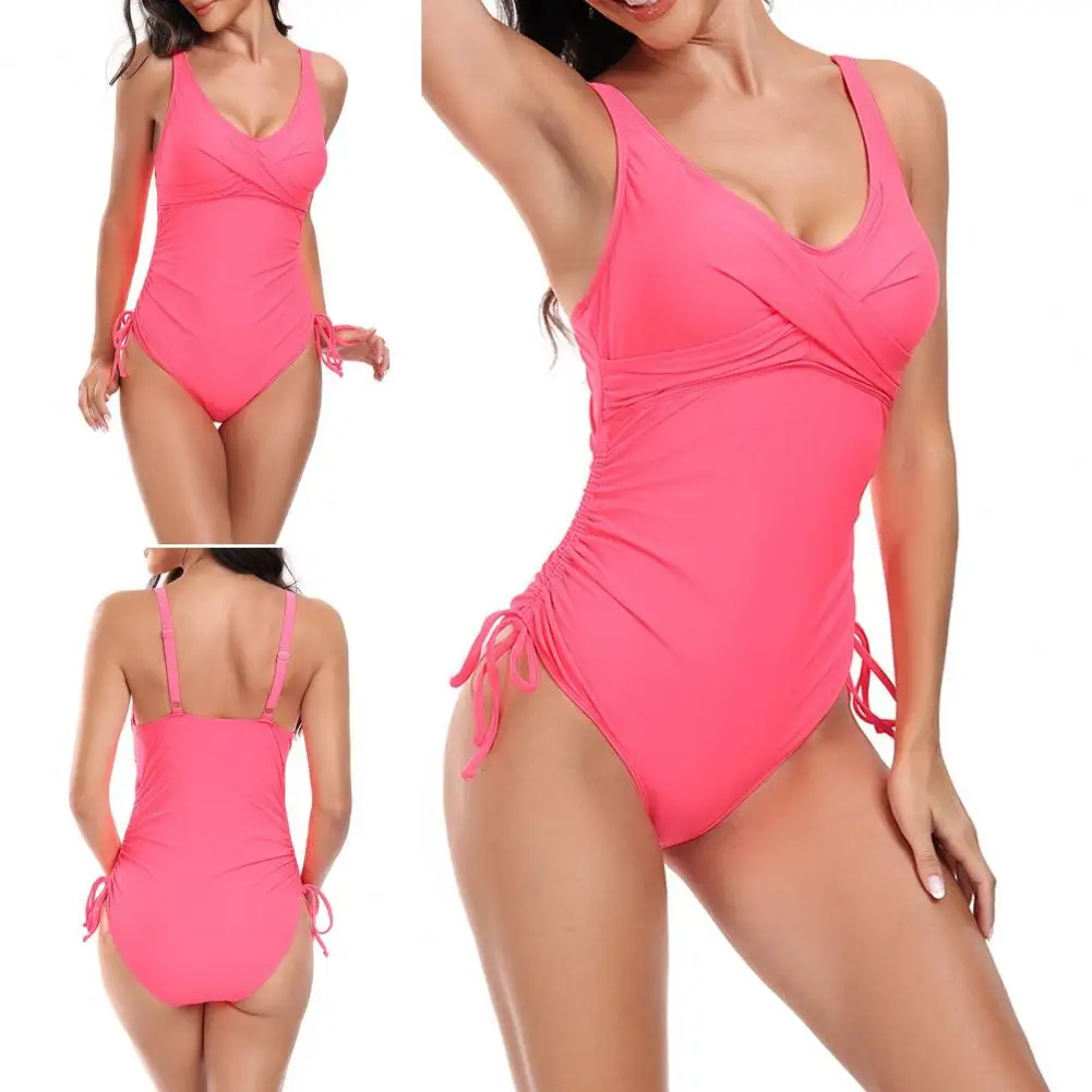 Breathable Swimwear Solid Color Bikini Women's V Neck One-piece Monokini Bathing Suit with Drawstring Pleated Design for Surfing