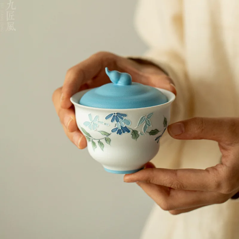Tazón de Cerámica Pintado a Mano con Diseño de Rábano Azul, Color Esmaltado Bajo Vidriado con Copo de Nieve, Tazón Individual para Infusión de Té, Tetera, Taza de Té