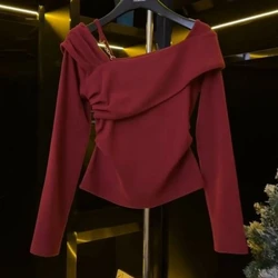 Slanted Shoulder Chain One Piece Collar Elegant and Luxurious Design Long Sleeved Top Women's Versatile Base Shirt