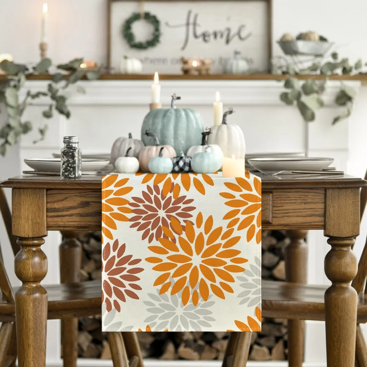 Thanksgiving Orange Dahlia Floral Linen Table Runners Dining Room Decor Washable Table Runners Thanksgiving Party Decorations