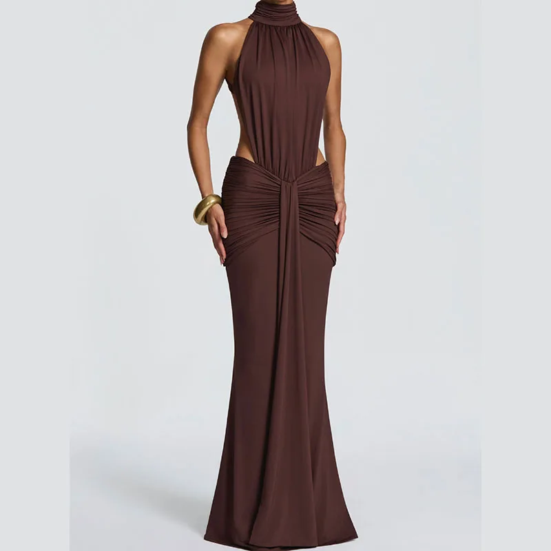 

Новое европейское плиссированное платье-халтер с высоким воротом, облегающее, с открытой спиной, элегантное, для банкетов, для женщин, в банкетном стиле