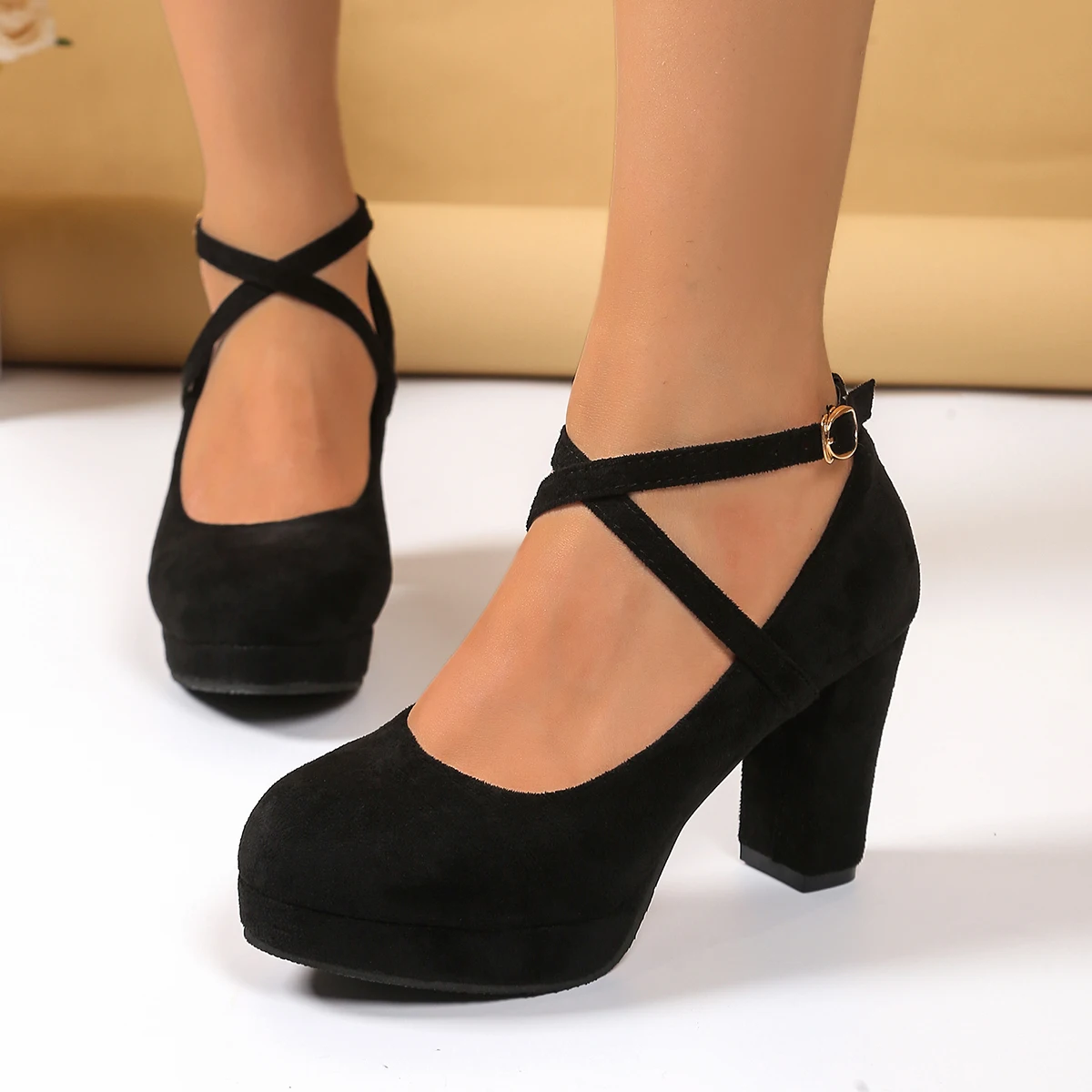 Zapatos de tacón para mujer, zapatos de tacón con plataforma para primavera y verano, zapatos con hebilla y correa cruzada poco profunda, zapatos de punta redonda para mujer, tacones altos