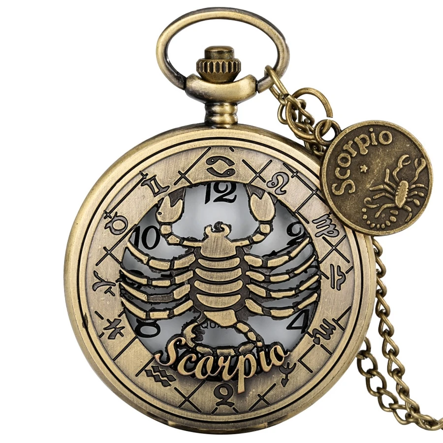 

Bronze Scorpio Long Chain Quartz Pocket Watch 12 Constellations Pendant Necklace Men Women Jewelry Gift with Scorpion Accessory