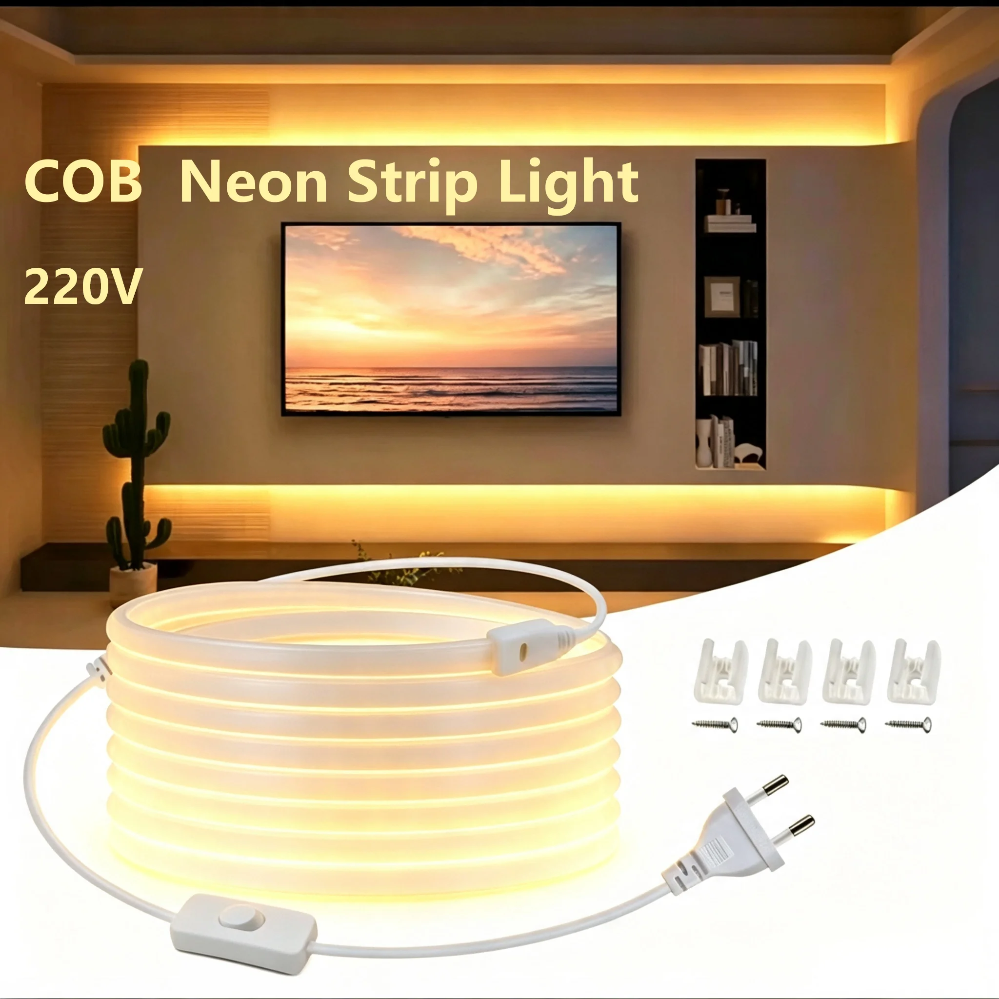 220V European Plug, Cob Neon Light Strip, Soft Light Led Strip, 3M/5M/10M/15M/20M, Easy to Install, Suitable for Tv Background, Ceiling, Indoor Ceiling Lighting, Etc
