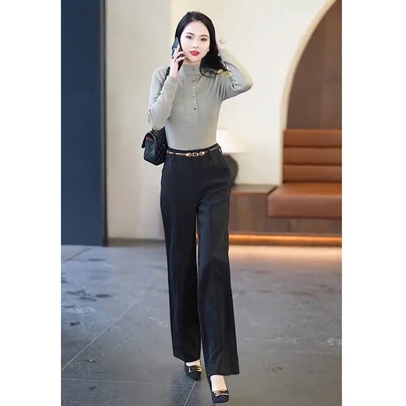 Spring And Summer 2024 New Narrow Wide-leg Pants Women With High Waist And Loose Slim Casual Straight Solid Color Casual Pants