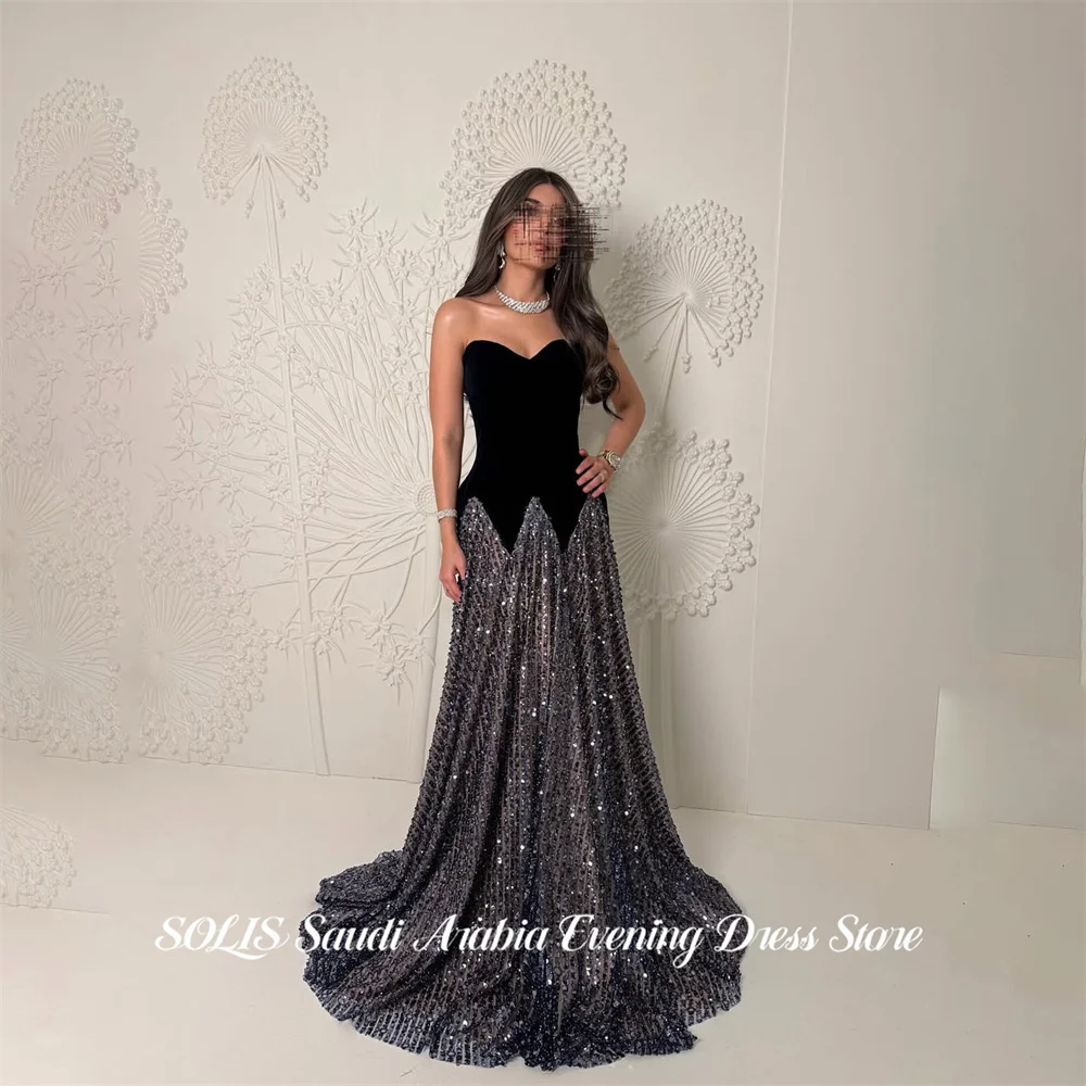 SOLIS Black Sequin Evening Dresses Sweetheart Formal Gown A Line Night Dresses Floor Length Prom Dresses with Train Customized