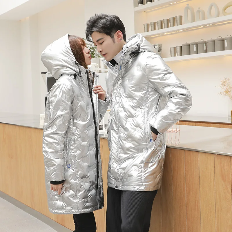 

Новая модная мужская пуховая куртка средней длины, утепленная, с глянцевой поверхностью, в корейском стиле, трендовая, для пар, зимнее теплое пальто