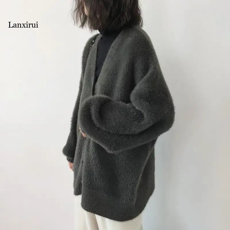 

Fall Single-breasted Loose Coat V-neck Slim Mid-length Warm Knitted Sweater Winter Imitation Mink Cashmere Women's Cardigan