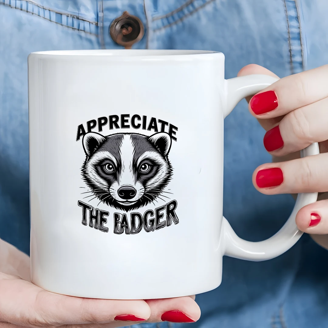 

11oz Hand-Painted Badger Face Mug + APPRECIATE THE BADGER + Kids Office Home Cup Christmas Gift