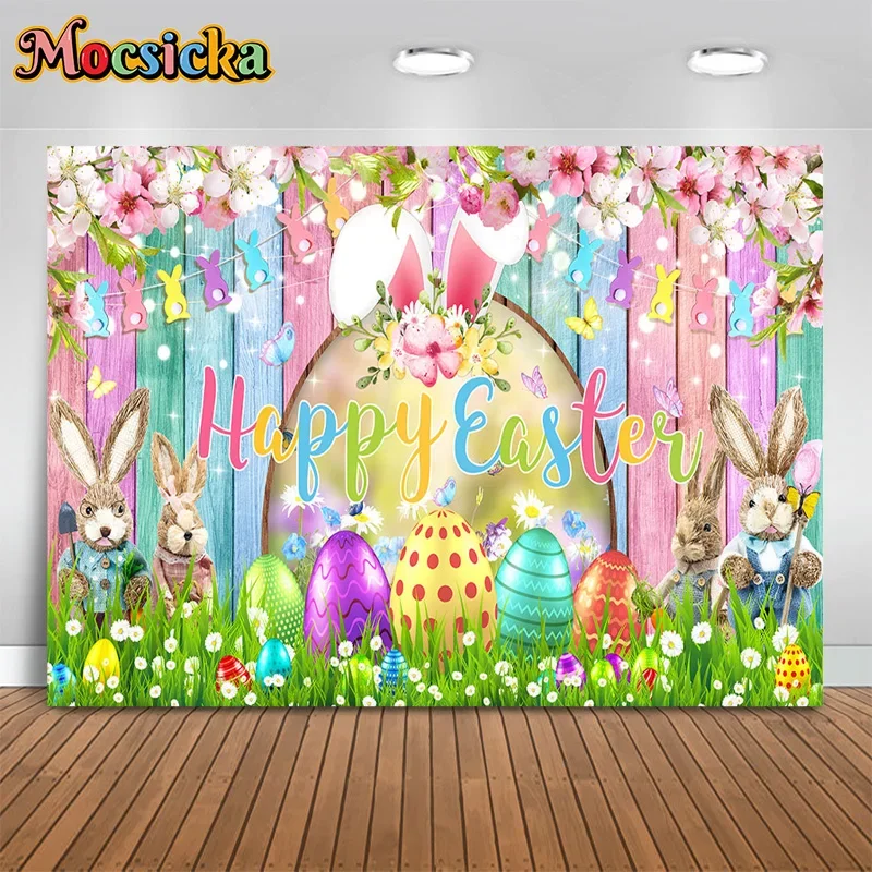 

Mocsicka Happy Easter Party Photography Backgrounds Eggs Floral Bunny Backdrops Kids Family Potluck Cake Smash Photo Banner