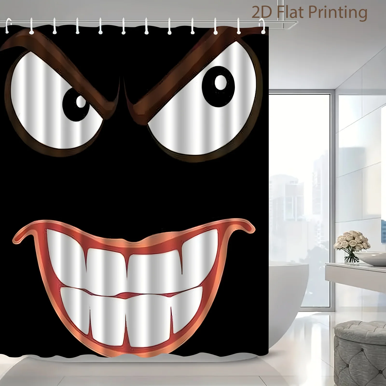

Funny Monster Face Shower Curtain, Big Grin & Angry Eyes, Novelty Cartoon Design, Black Background, Waterproof Bathroom Decor