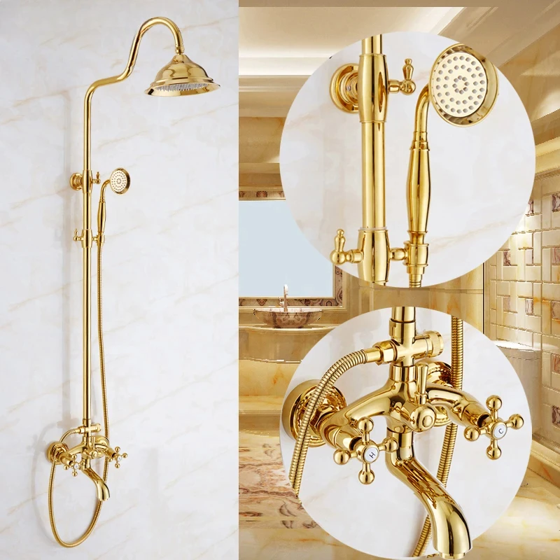 Bathtub Shower Faucet Antique ORB Golden Phone Style Wall Mounted Hot and Cold Tap with Blue and White Porcelain