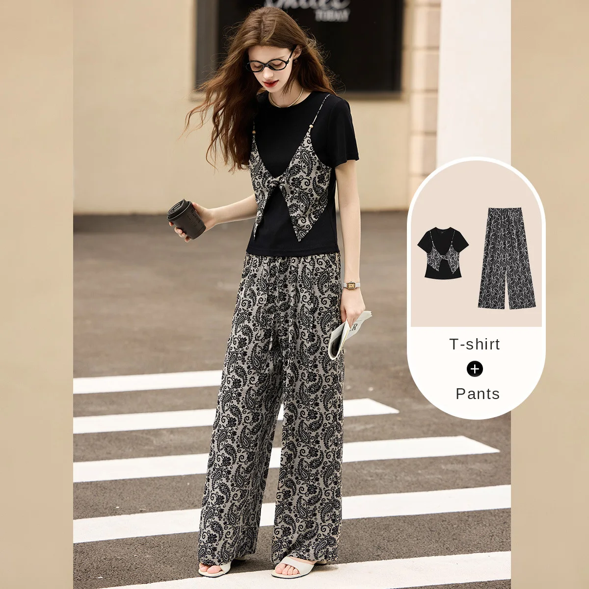 LOUIS YAO Set Dua Potong Palsu Cetak 2025 Musim Panas Set Wanita Modis Baru Celana Kaki Lurus Atasan Sambungan Dua Potong Palsu