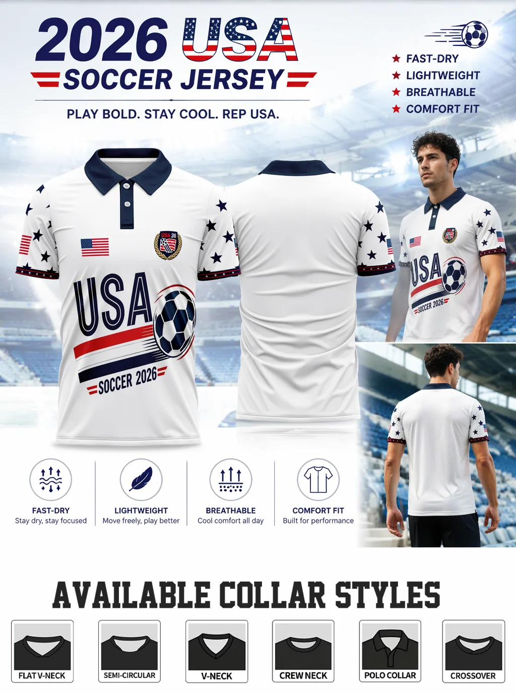 Stylish USA fan soccer polo shirt. Classic patriotic pattern, comfortable fit for sports and outdoor activities