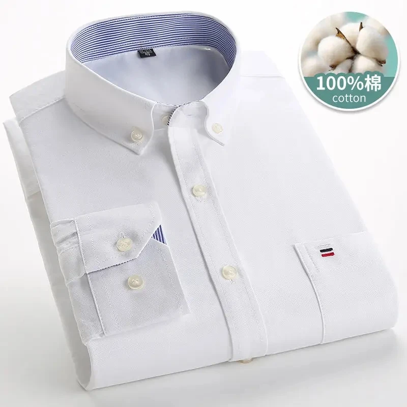 New 100% Cotton Oxford Men Shirts Long Sleeves Plaid Soft Regular Fit Formal Dress Shirt Pocket Social Blouse Male Clothes S-7XL