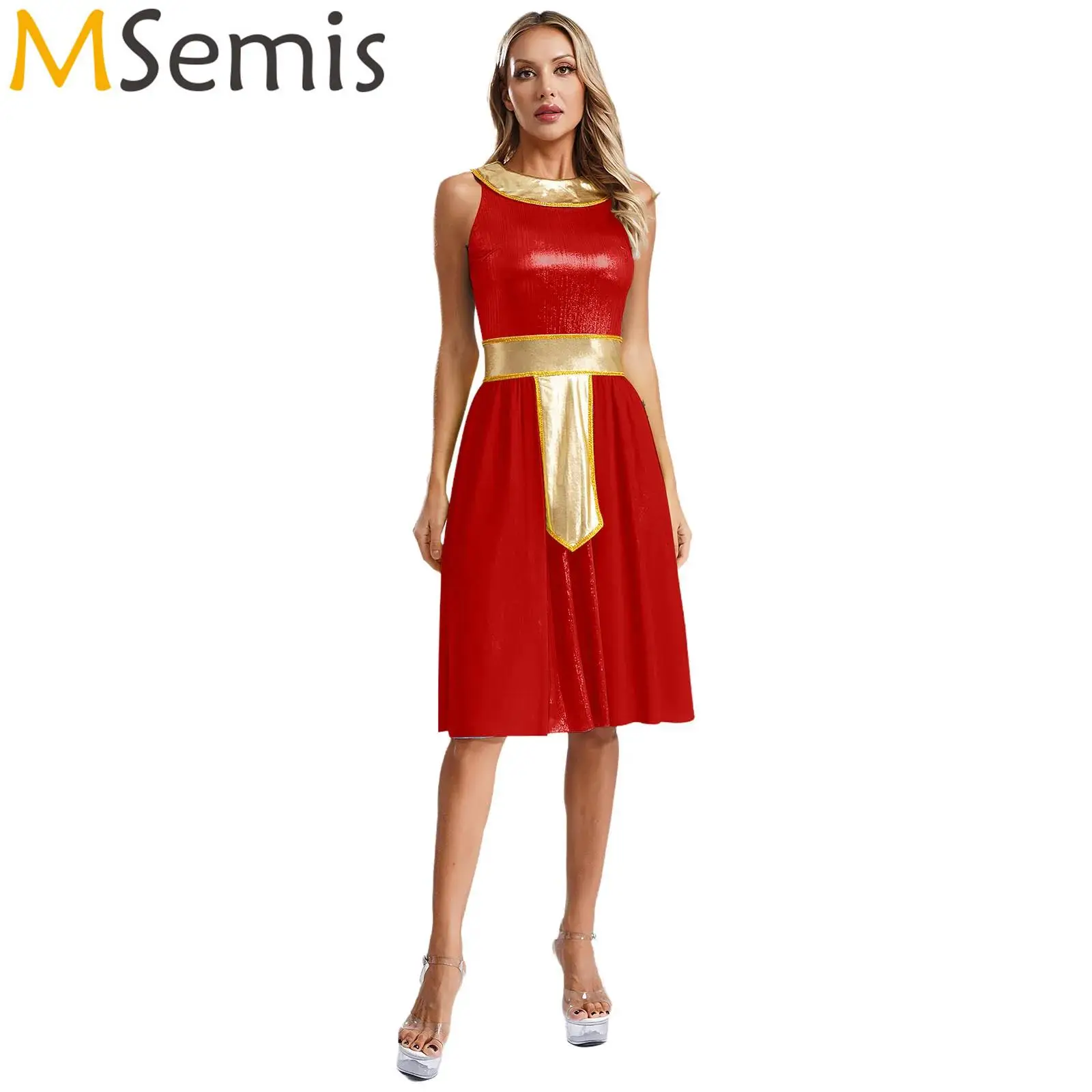 Womens Ancient Grecian Queen Cosplay Costume Turnover Collar Glittering Dress Metallic Dress Halloween Dress Up Party Costume