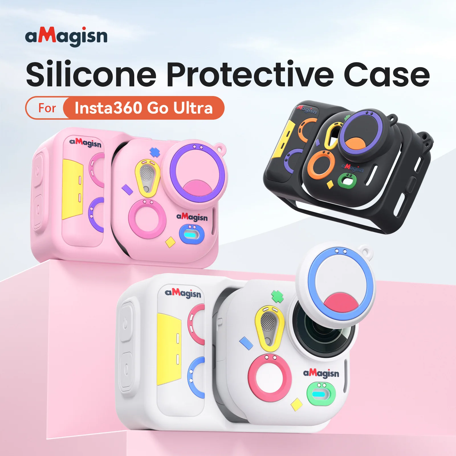 �y�Z�[�����zaMagisn �V���R���P�[�X Insta360 Go Ultra �p�A�J���t���Ȍ��ی�P�[�X�A���O���\�ȃ����Y�L���b�v�ƃX�g���b�v�A�N�Z�T���[�t��