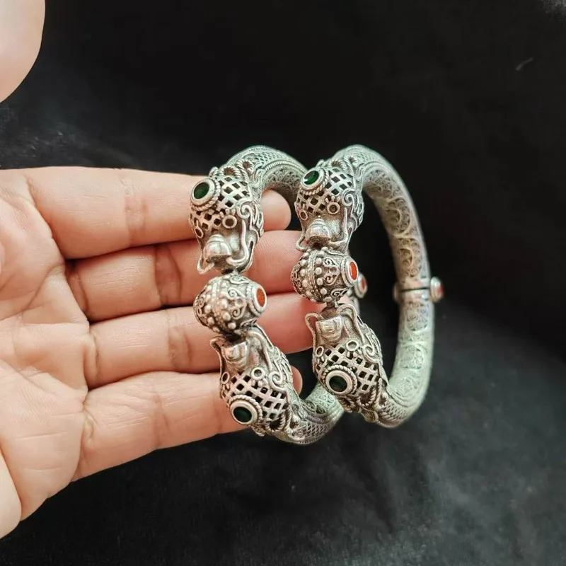سوار من الفضة التبتية مزدوج التنين وفم النمر سوار مجوف هدية رائعة مصنوعة يدويًا لهدية حفلة عيد ميلاد الصديق