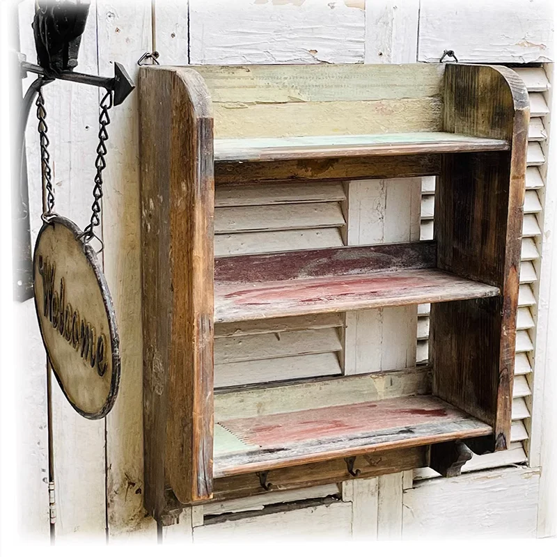 Rustic Vintage Countryside 3-Tier Wall Shelf with 2 Hooks - Old Aged Solid Wood Construction