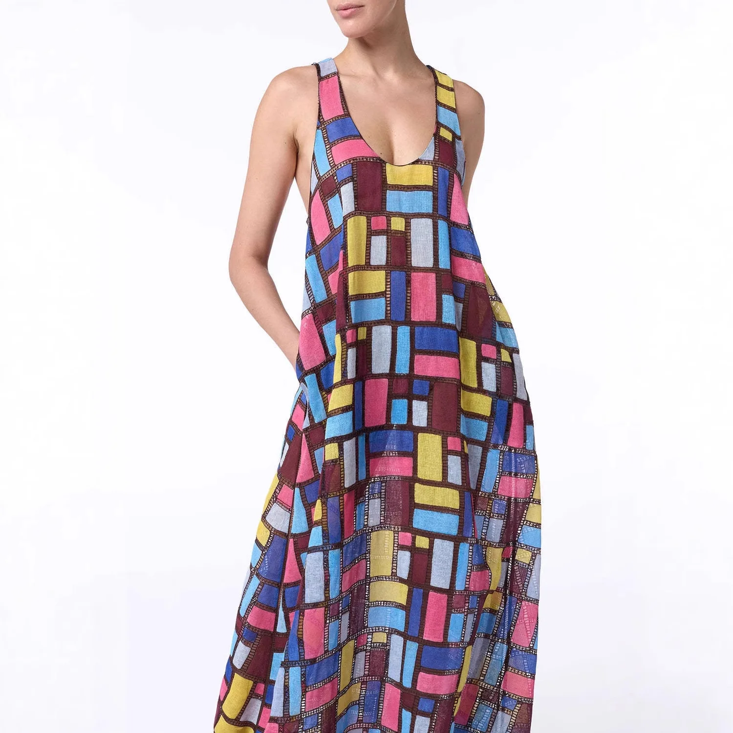 Colored Squares Sleeveless Long Dresses Women Fashion Sexy U-neck Pocket Loose Maxi Dress Summer Lady Vacation Commuting Vestido - Image 3