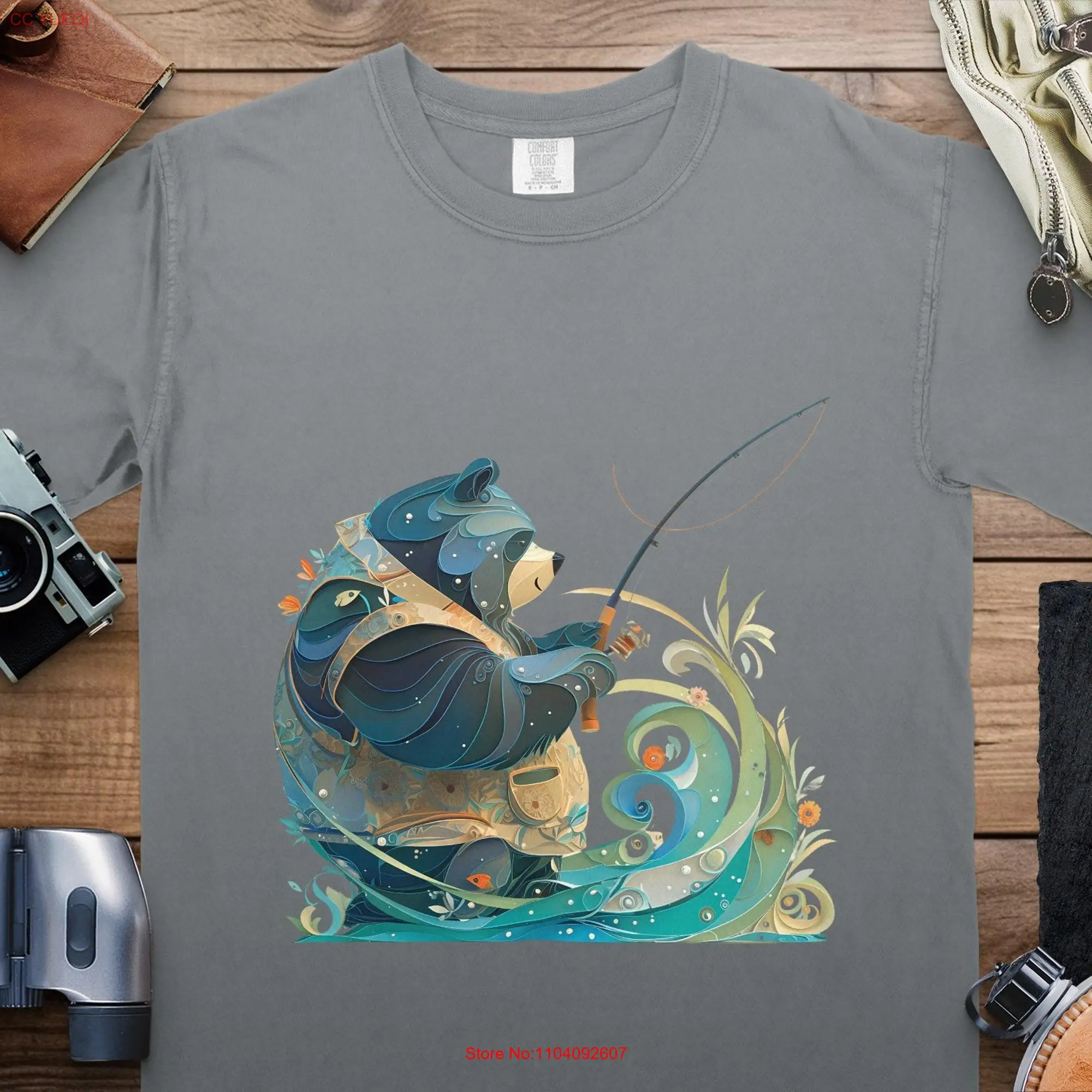 Fishing Bear Quilling Art Design T Shirt Unique Paper Fisherman Wildlife Nature Lover's  long or short sleeves