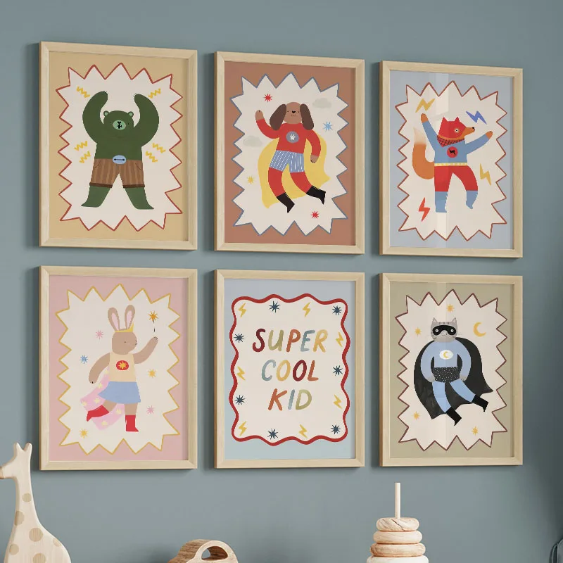 Funny Cartoon Super Cool Kid Nursery Wall Art Canvas Painting Bear Rabbit Fox Posters & Prints Pictures For Baby Kids Room Decor