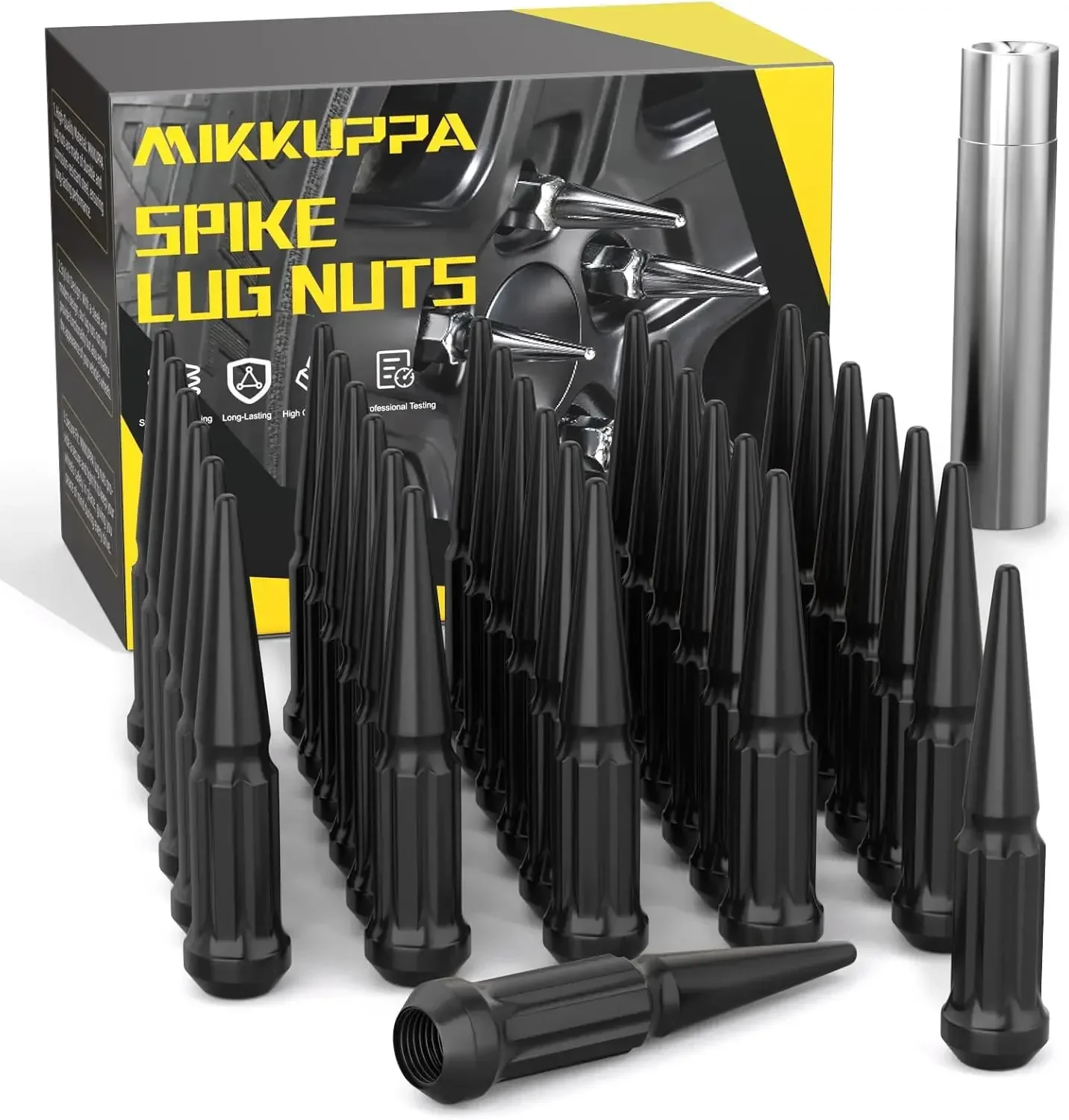 

MIKKUPPA M14x1.5 Wheel Spike Black Lug Nuts, 32pcs Black Spike Lug Nuts 14mmx1.5 Solid 4.4" Tall Acorn Lug Nut with1 Socket Key