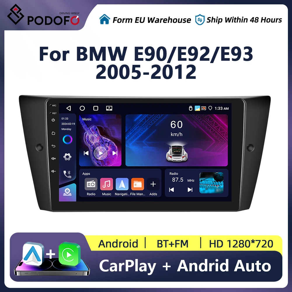 Podofo Wireless CarPlay Android Auto Radio For BMW E90 E91 E92 E93 3 Series 2005-2013 Car Multimedia Player Navigation GPS