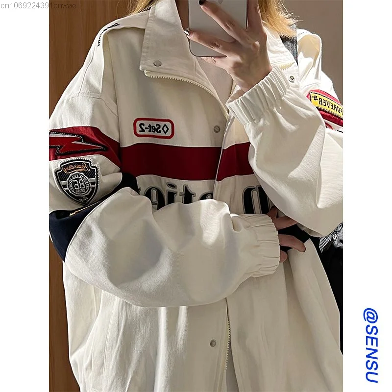 Trench Coat For Women Baseball Uniform Chic Biker Racing Jacket Y2k Grunge Punk Streetwear Bomber Jacket Clothes Female Yk2 Top