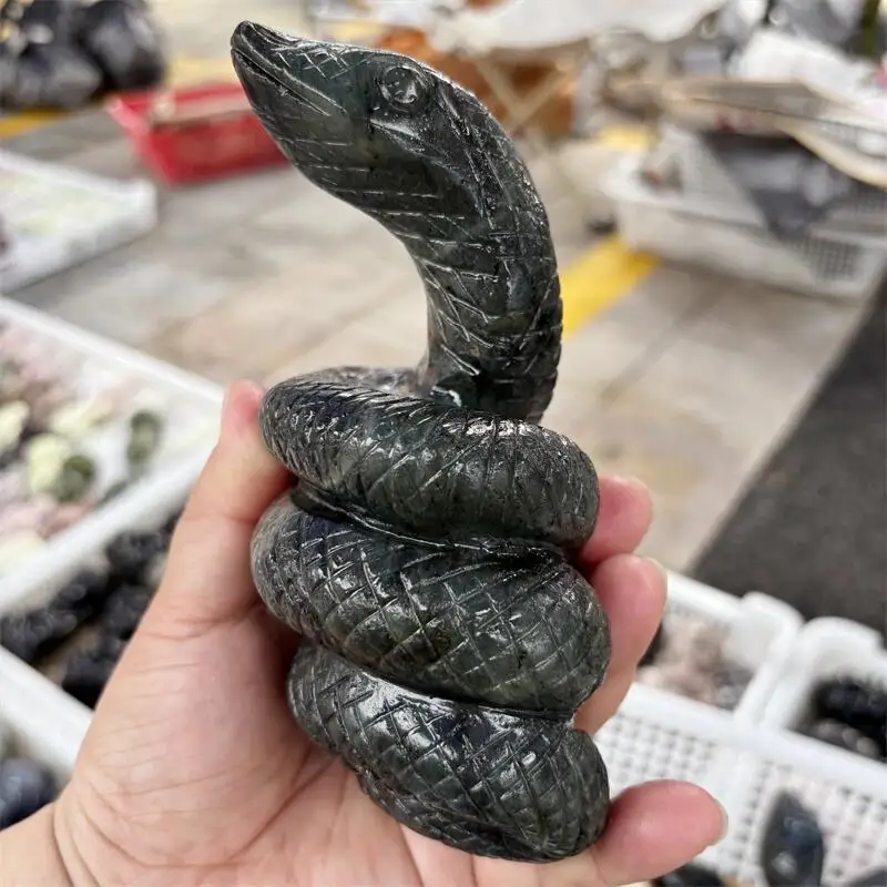 

1pcs Natural Labradorite Snake Carving Handmade Polished Animal Powerful Statue For Home Decoration Lucky Gift