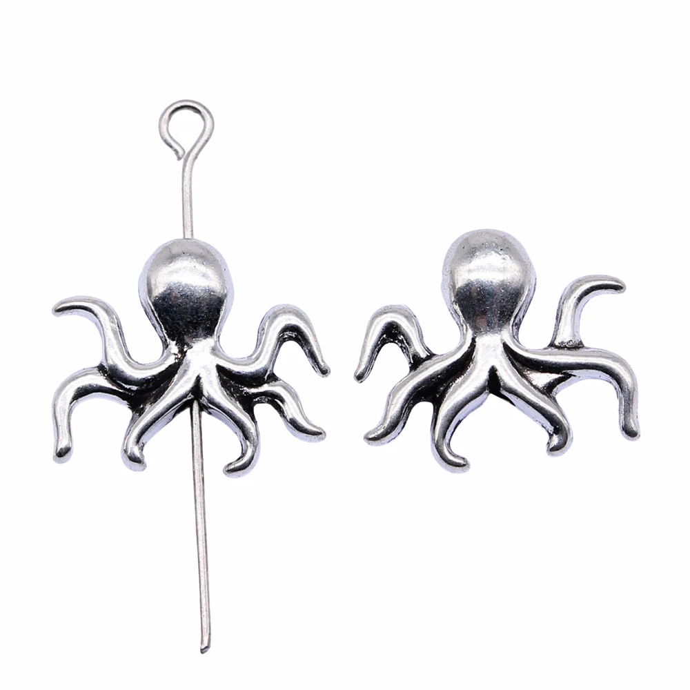 10pcs/lot 14x16mm Octopus Squid Beads For Jewelry Making Antique Silver Color 0.55x0.63inch