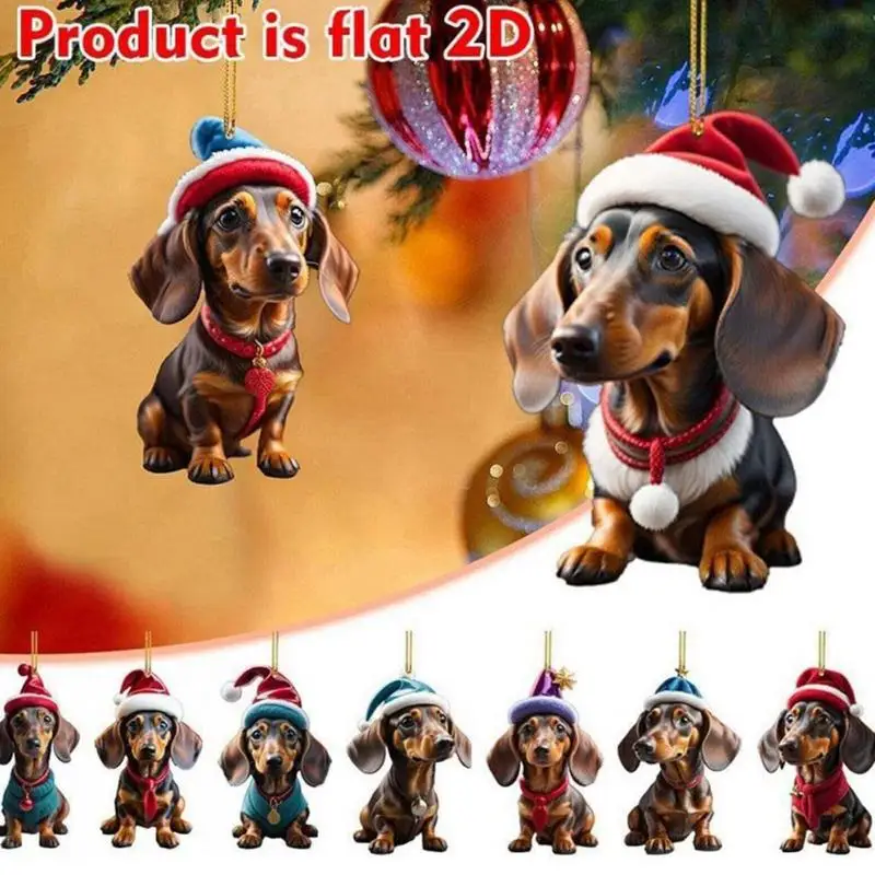 9pcs Cartoon Cute Dog Christmas Ornaments Fun Dachshund Dog Hanging Decoration Xmas Tree Graphic Design Pendant Home Car Decor