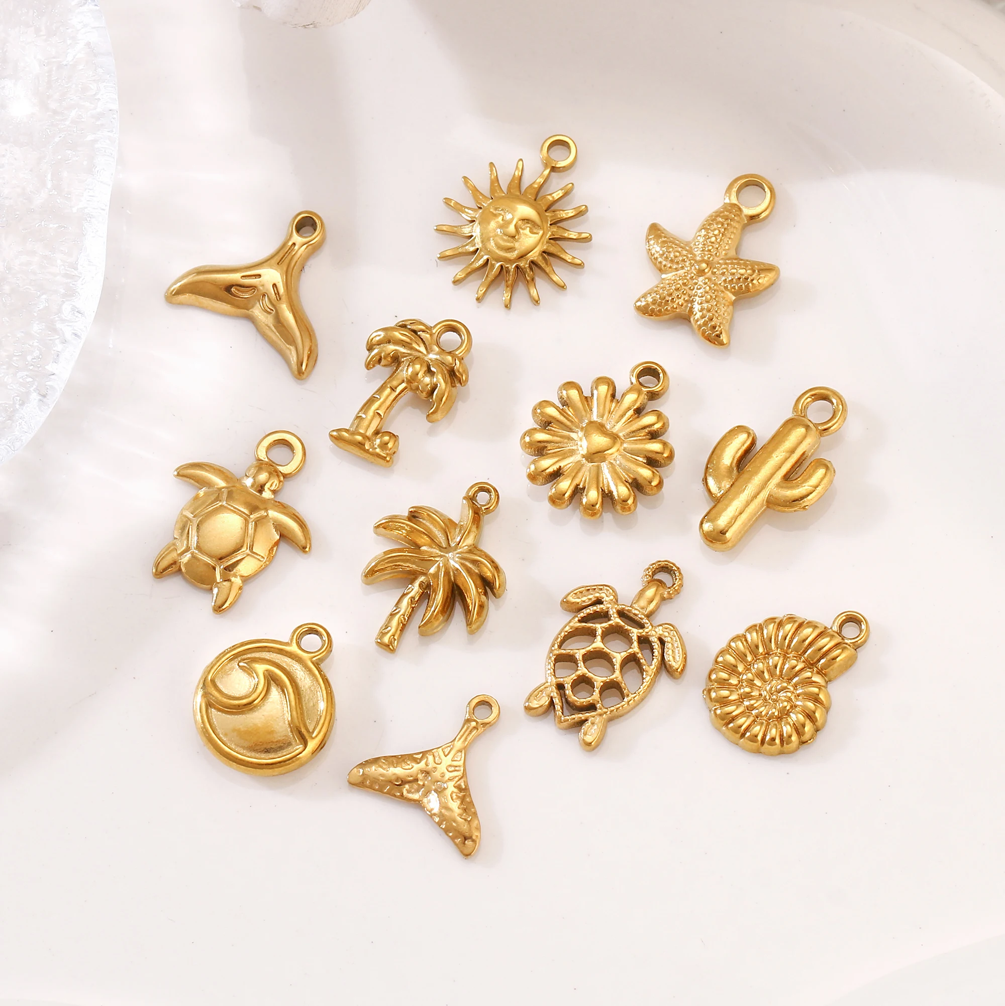 3Pcs Small Tropical Coconut Tree/Sea Wave/Cactus Charms Stainless Steel Pendant DIY Bracelet Necklace Jewelry Making Accessories view 2