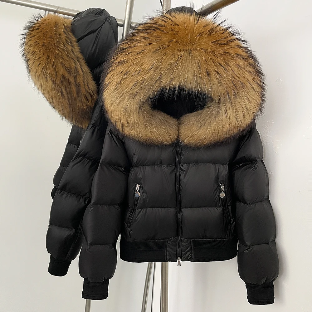 

Winter Real Fur White Duck Down Coat Women Big Natural Raccoon Fur Fluffy Puffer Jacket Knit Cuff Real Fur Collar Top Jacket