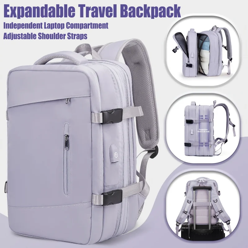 Women's expandable anti-theft backpack with partitioned main compartment and adjustable pressure reducing shoulder