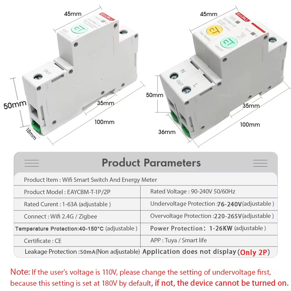 1P 2P TUYA APP Zigbee WIFI Smart Energy Power Consumption kWh Meter Circuit Breaker Time Relay Switch Leakage Voltage Protection