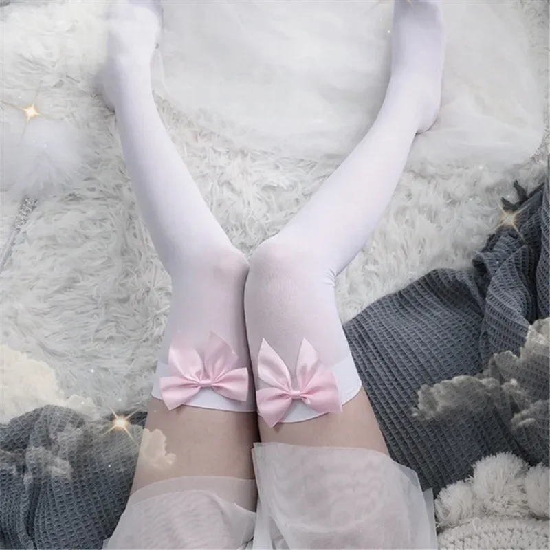 Sexy Women's Hosiery Pink Bow Stay Up Thigh High Silk Stockings Hose.Ladies Sweet Bow Stockings Pantyhose Students Stockings