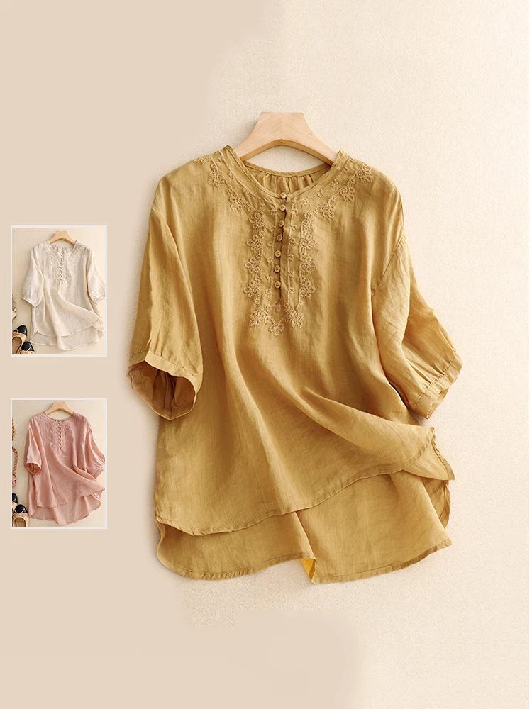 

Retro Artistic Thin Cotton Linen Embroidered T-irt Large Size Women's round Ne Belly Concealing Slimming Asymmetrical Lin...