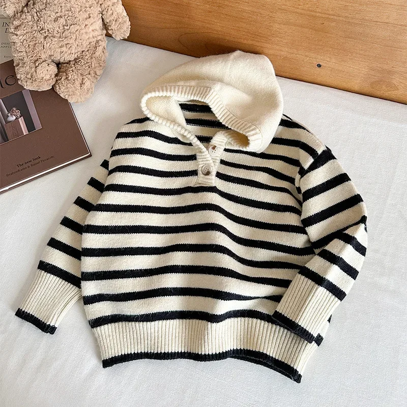 2024 Autumn New Children's Clothing Children's Striped Hooded Sweater Boys and Girls All-Match Sweater Tide
