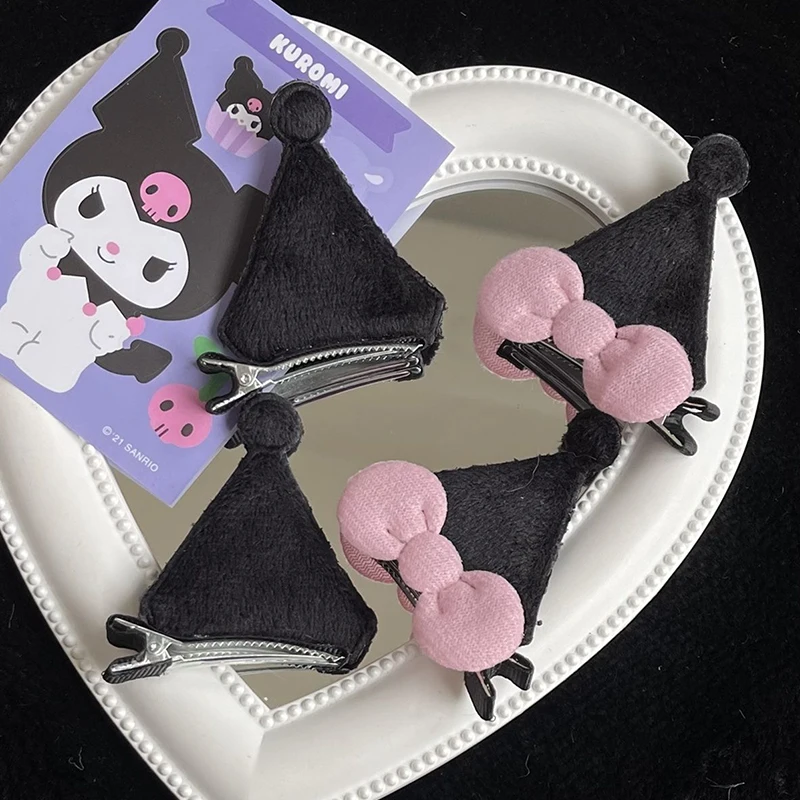 2Pcs Sanrio Kawaii Cartoon Kuromi Ear Hair Clip Cute Bow Side Hairpin Hair Accessories Headwear For Girls Halloween Gifts