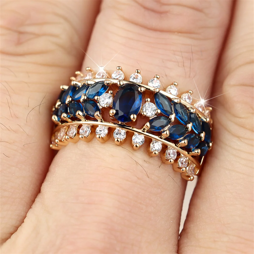 Blue Crystal Oval Stone Cute Tree Leaf Rings For Women Vintage Gold Color White Zircon Ring Wedding Jewelry Mother's Day Gifts