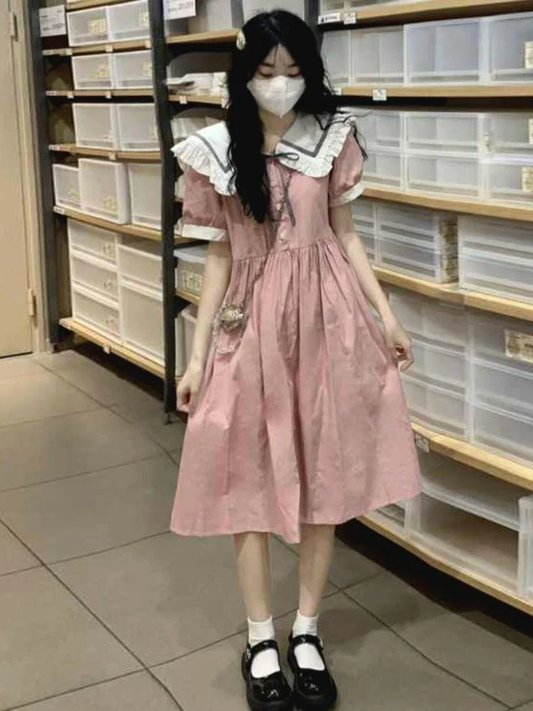 Women Dresses Preppy Style Kawaii Peter Pan Collar Fashion Schoolgirls Simple Lace-up Design Young Basics Summer Midi Vestidos