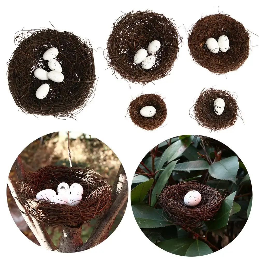 1Set Artificial Birds Nest Toad Vine Woven Fake Eggs Straw Roost Easter Ornaments