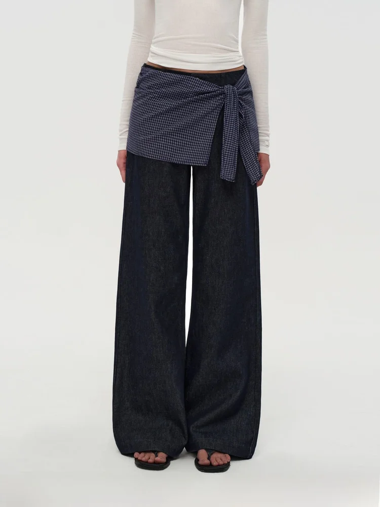 

PUKI оригинальные джинсовые прямые джинсы с шарфом и поясом, многослойные ложные двухсекционные повседневные синие женские джинсы с низкой талией