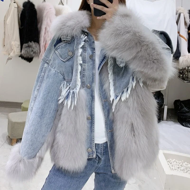 Fur Ins Natural Parka Fox Patchwork Women's Winter Jackets 2023 New Real Fur Coat Denim Jacket with Fur Jacket Female Outerwear